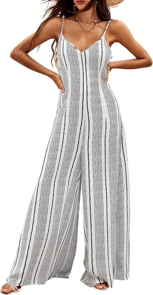 CUPSHE Women Slip Flare Jumpsuit Maxi V Neck Spaghetti Straps Belt Stripe Pattern Jumpsuit Grey | Amazon (US)