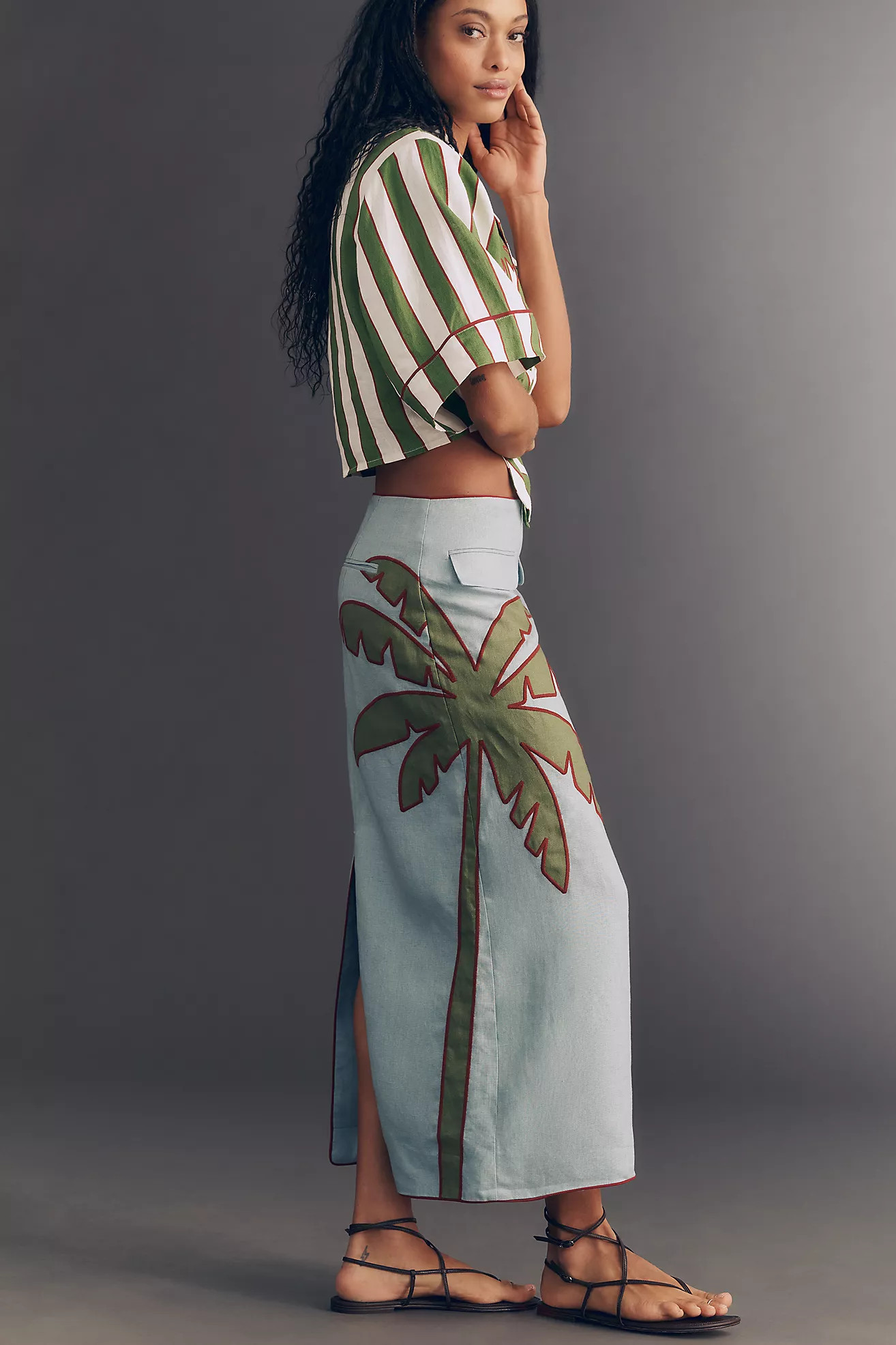 Farm Rio Embroidered Palm Linen Midi Skirt | Anthropologie (US)