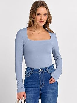 ANRABESS Womens Long Sleeve Square Neck Tops Ribbed Knit Slim Fit Shirts Basic Tee 2025 Fall Dres... | Amazon (US)