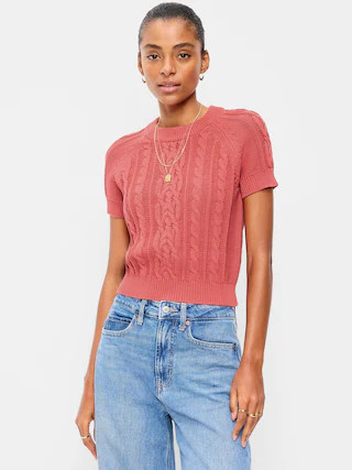 Seaside Cotton Short-Sleeve Cable-Knit Cropped Sweater | Old Navy (US)