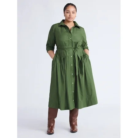 Free Assembly Women s and Women’s Plus Belted Cotton Maxi Shirtdress with Long Sleeves Sizes XS... | Walmart (US)