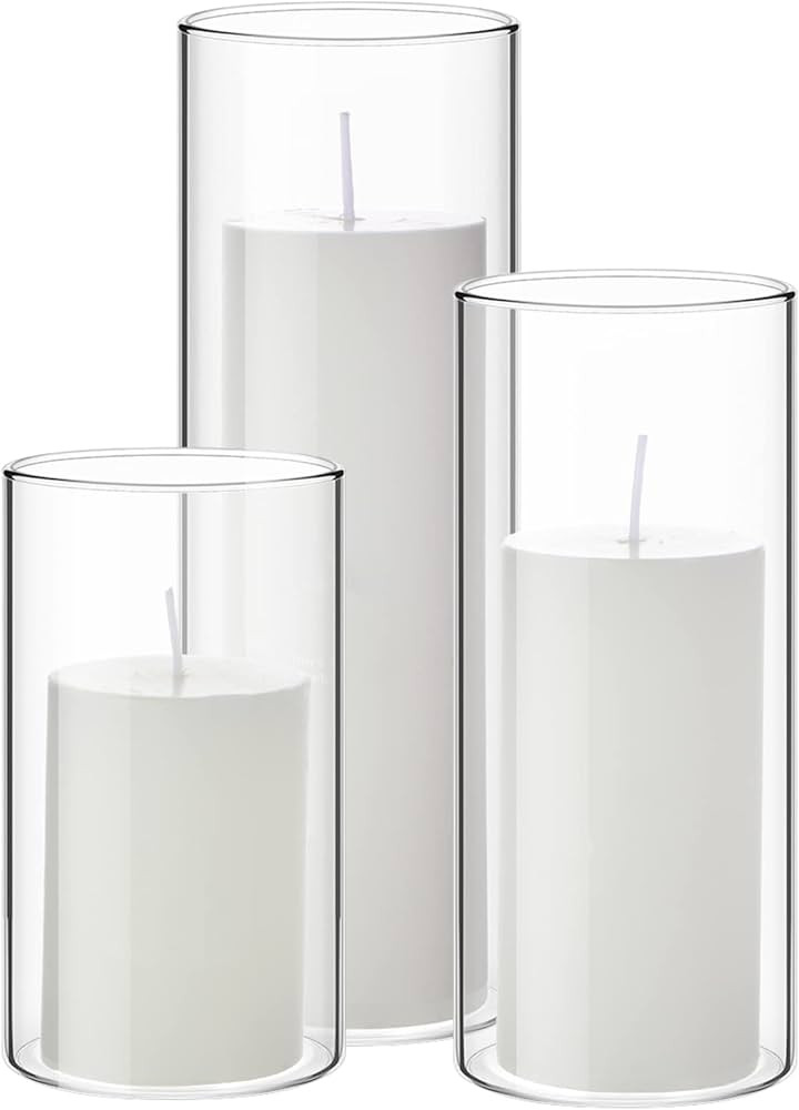 Shihanee 3 Sets Pillar Candles and 3 Glass Cylinder Vases Wedding Candle Cylinder Holders Valenti... | Amazon (US)