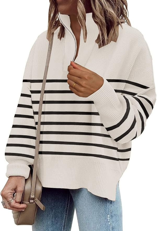 Womens Sweaters Casual Zipper Neck Knit Tops Batwing Sleeve Oversized Sweatshirt Strip... | Amazon (US)