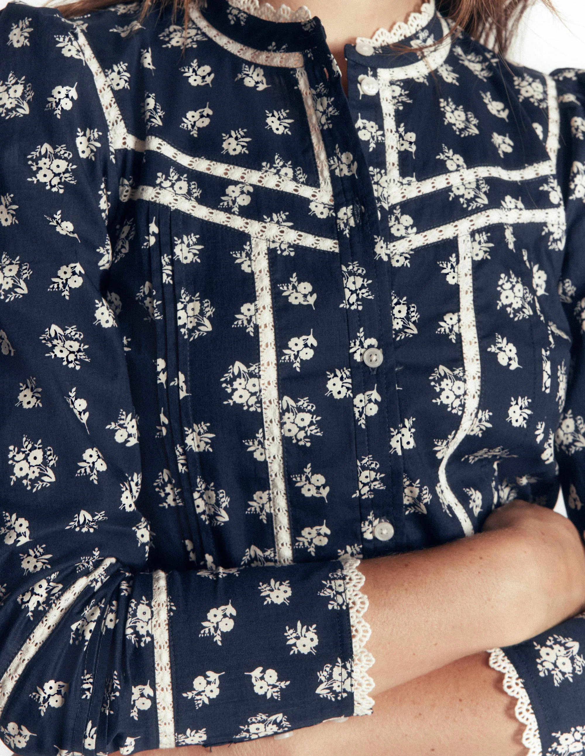 Carmen Lace Trim Cotton Top-French Navy, Delicate Garden | Boden (US)