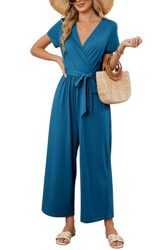 OUGES Jumpsuit Damen Sommer Elegant Overall Lang Playsuit Kurzarm Casual Hosenanzug mit Taschen(Dunkelblau,XXL) | Amazon (DE)