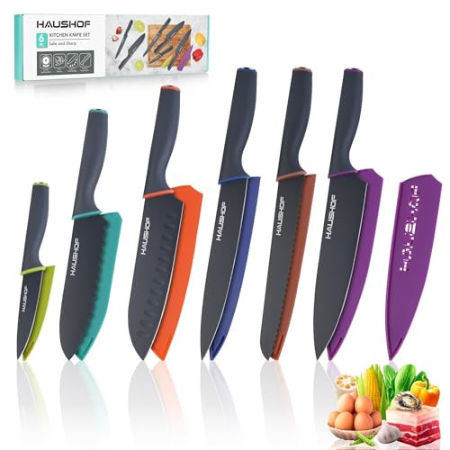 HAUSHOF Kitchen Knife Set, 12-Piece Knives Set with 6 colorful Sheaths, Non-Stick Coated Stainless Steel Blades for Slicing, Dicing&Cutting, Gifts Knife Set for Dad, Mom, Husband and Wife | Amazon (US)