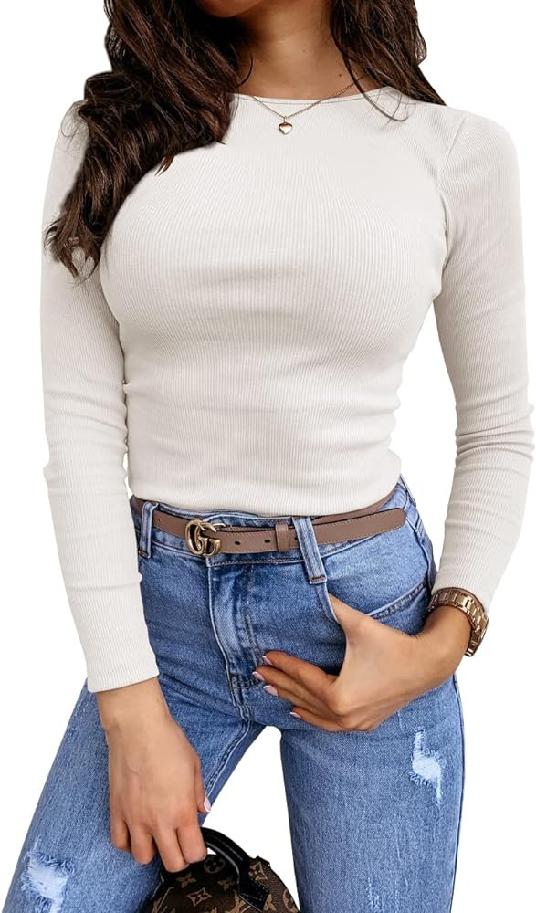 Lynwitkui Women's Long Sleeve Stretch Slim Fitted Ribbed T-Shirt Blouse Cut Out Solid Basic Tops | Amazon (US)