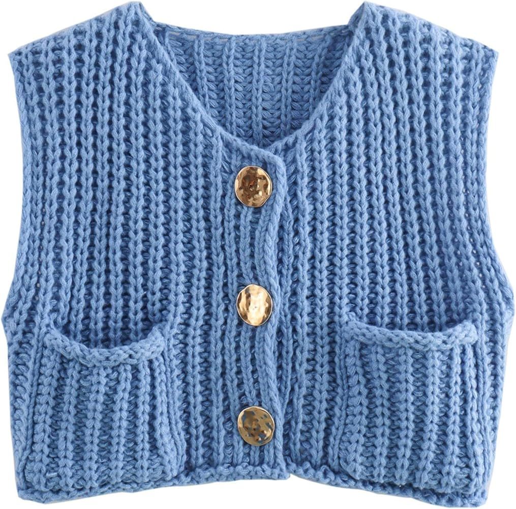 Women's Sleeveless Knit Cardigan Casual Button Down Cropped Knitted Sweater Vest with Pockets | Amazon (US)