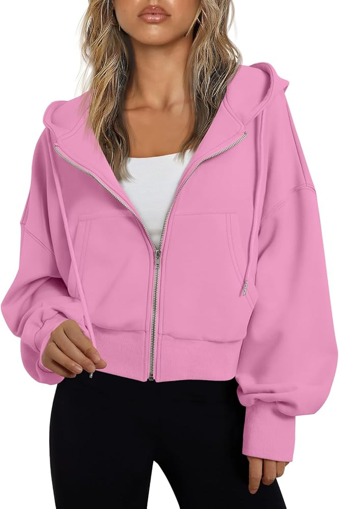 Trendy Queen Hoodies for Women Full Zip Up Cropped Sweatshirts Jackets Casual Comfy Gym Tops Fall... | Amazon (US)