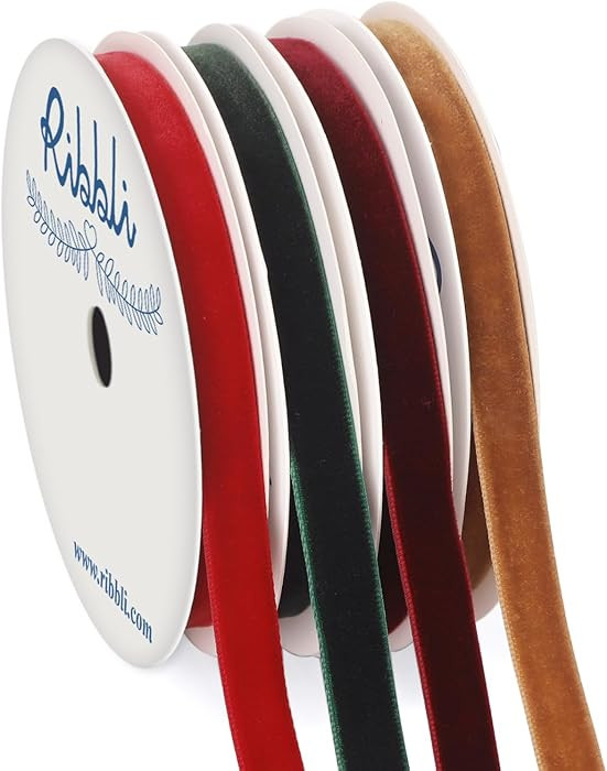 Ribbli 4 Rolls Velvet Ribbon, 3/8 Inches 5-Yard Each Roll, Christmas Ribbon for Gift Wrapping, Ch... | Amazon (US)