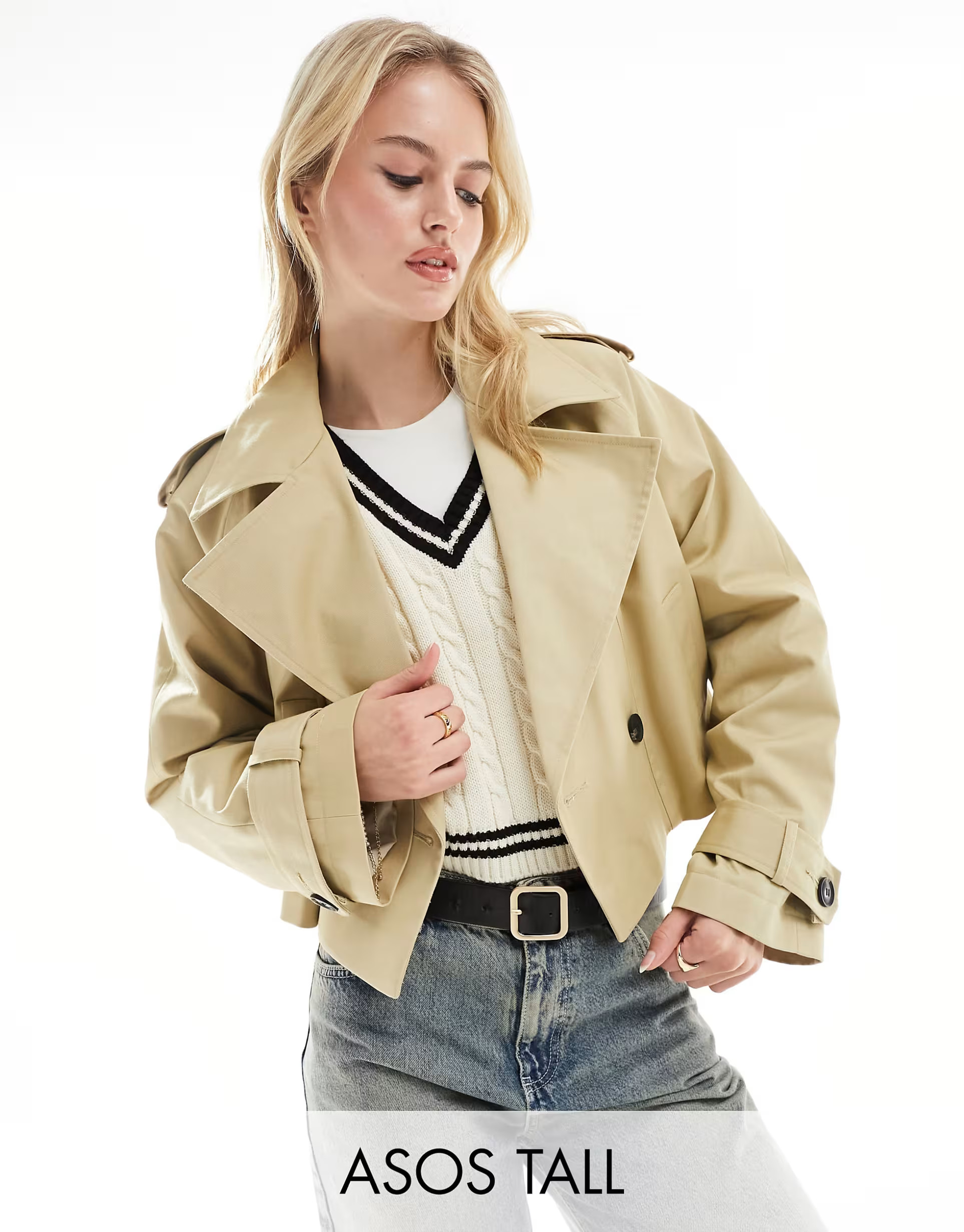 ASOS DESIGN Tall cropped trench coat in stone | ASOS (Global)