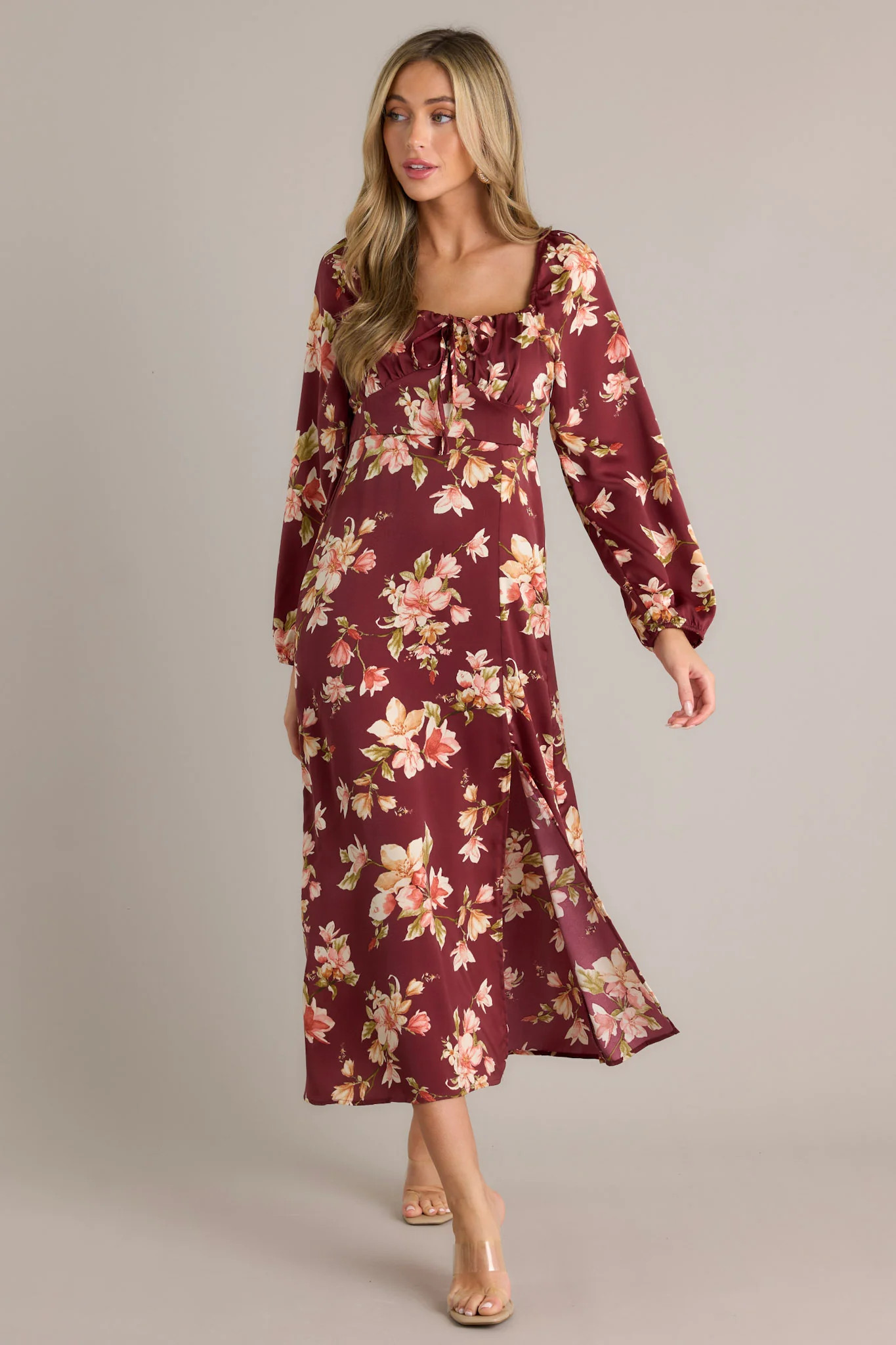 Perfect Meet Cute Burgundy Floral Long Sleeve Midi Dress | Red Dress