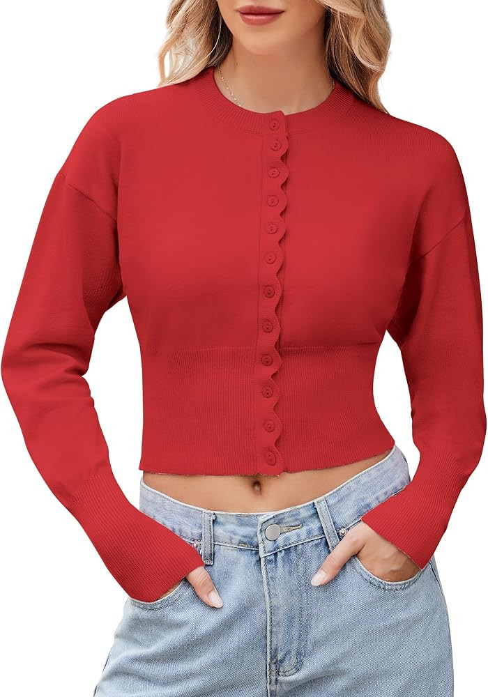 Womens Cropped Cardigan Sweaters Button up Fitted Long Sleeve Crew Neck Ribbed Knit Crop Top | Amazon (US)