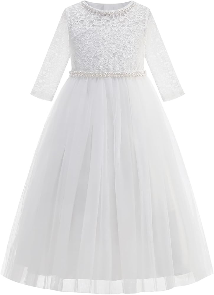 Flower Girl Dress Vintage Floral Lace 3/4 Sleeves Wedding Formal Dress Pageant Birthday Party Tul... | Amazon (US)