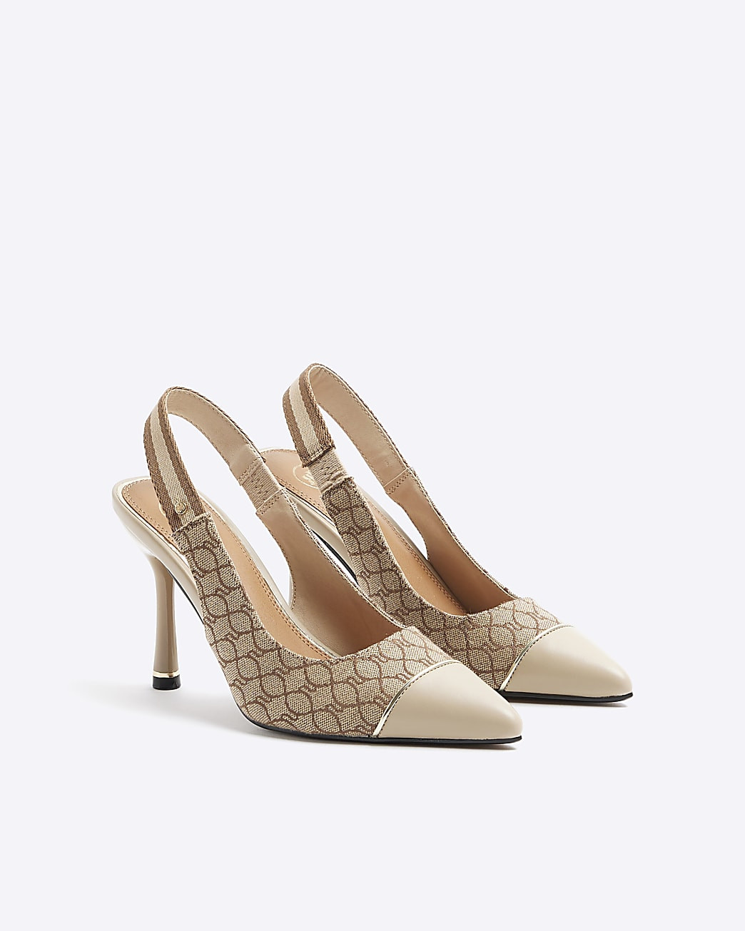 Beige canvas monogram heeled court shoes | River Island (UK & IE)