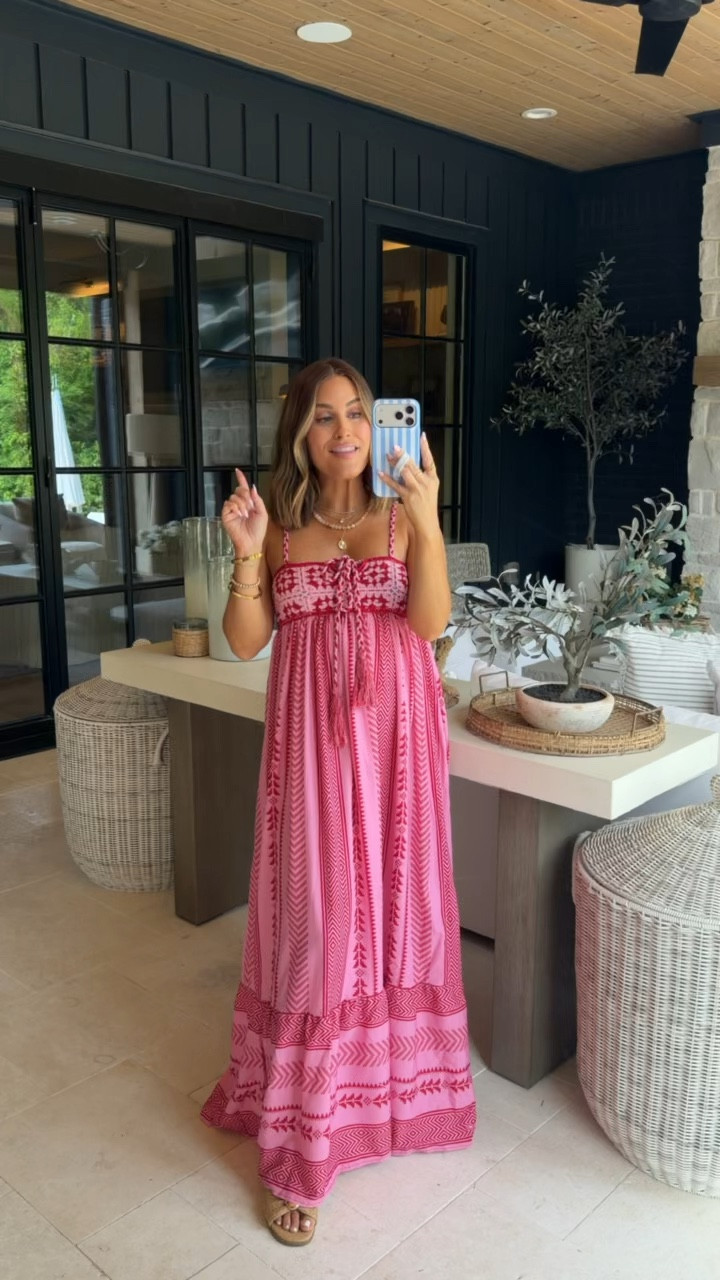 Wearing a small in this pink maxi— under $40 at Amazon! I love the crochet detailing on the bra line, very pretty print for summer, and unique! Would be another great dress for vacay, dressed up with wedges & jewelry! I’m 18 weeks pregnant & it’s bump friendly  

#LTKSeasonal #LTKootd #LTKTravel
