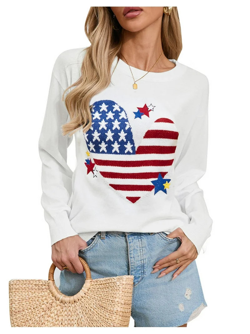 American Flag Graphic Sweaters for Women 4th of July Crew Neck Heart Sweater Long Sleeve Casual K... | Walmart (US)