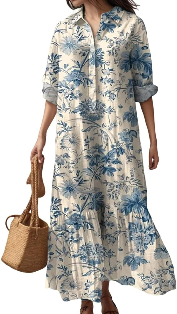 Akivide Women's Fall Long Sleeve Dresses for Women 2025, Casual Boho Floral Print Button Down Lap... | Amazon (US)