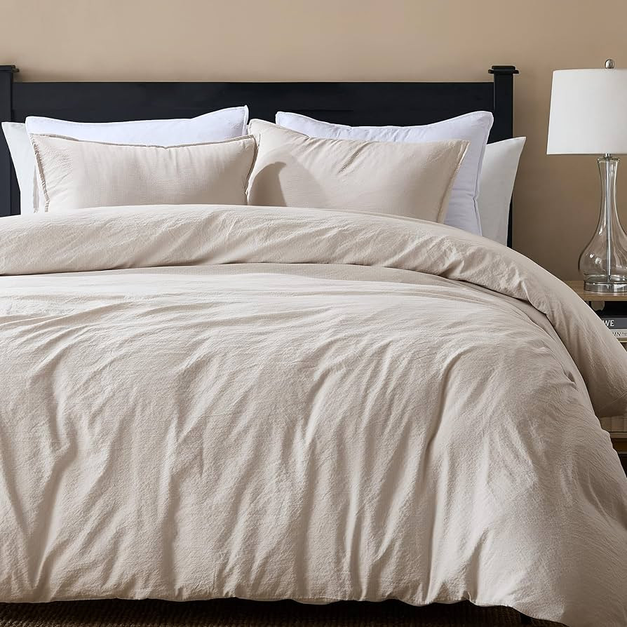 WDCOZY Beige King Size Jacquard Duvet Cover Set with Zipper Closure, Modern Washed Soft Striped B... | Amazon (US)
