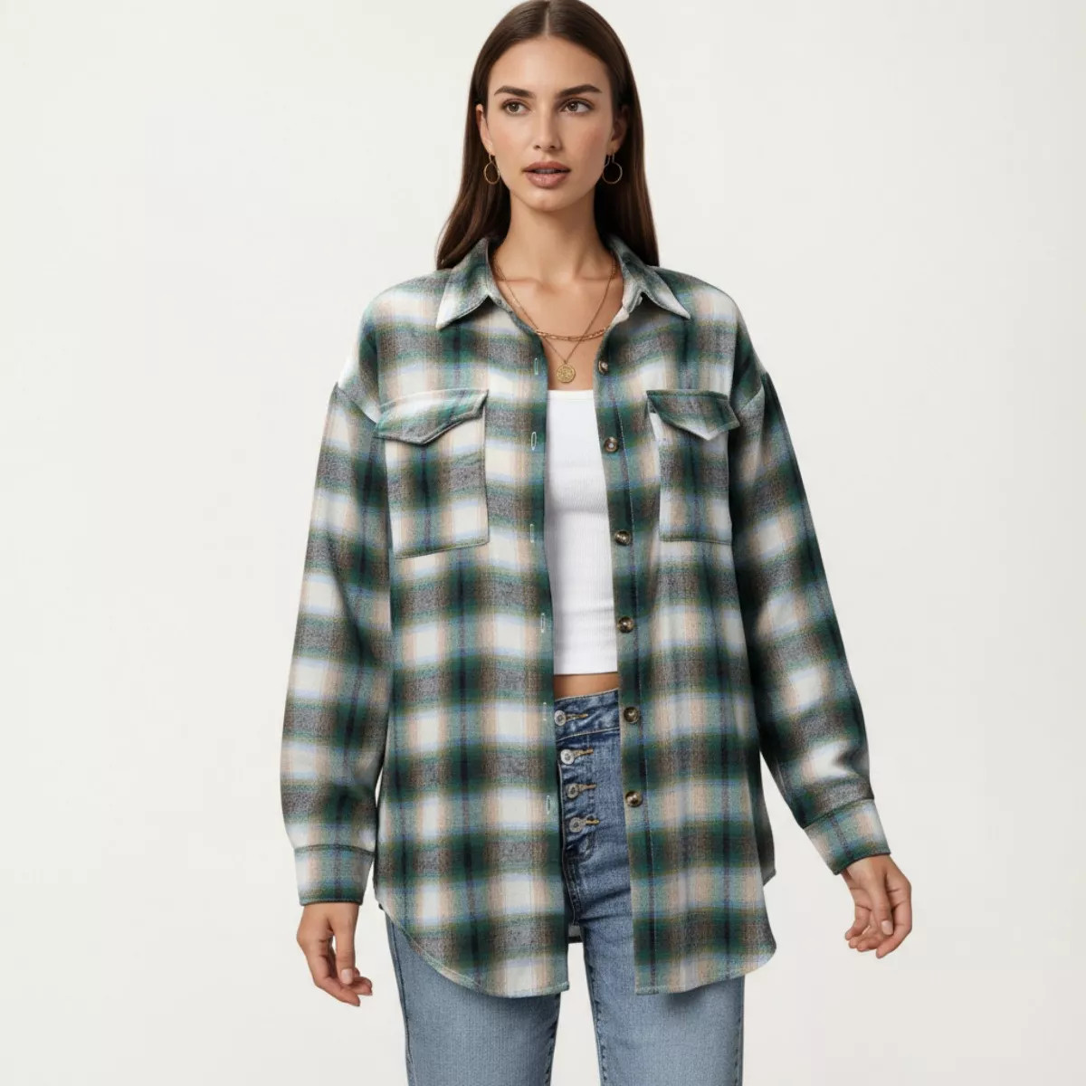 Anna-Kaci Women's Long Sleeve Plaid Button-Up Shirt with Chest Pockets- Green,Small | Target
