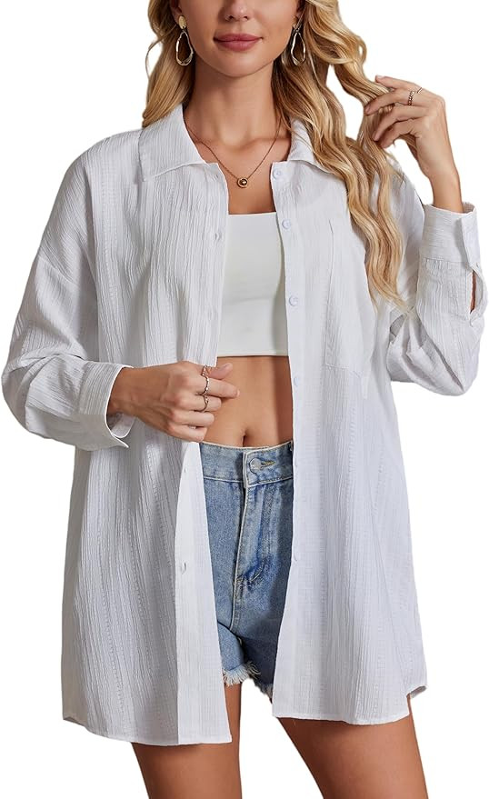Women Button Down Shirts Casual Long Sleeve Solid Oversize Button Up Shirt Womens Loose Fit Blous... | Amazon (US)
