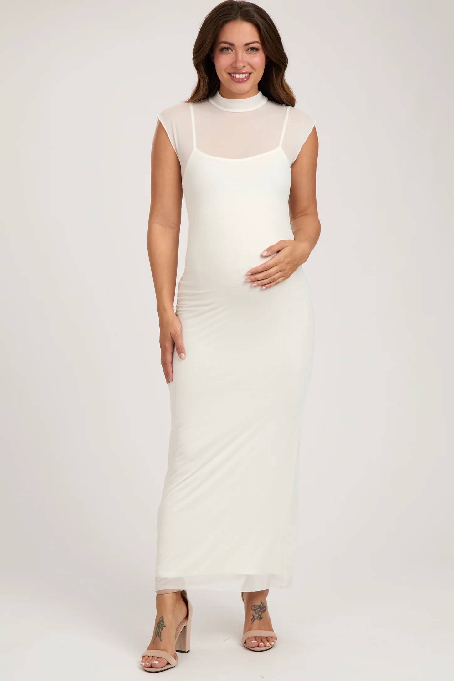 Ivory Mock Neck Sleeveless Mesh Maternity Midi Dress | PinkBlush Maternity