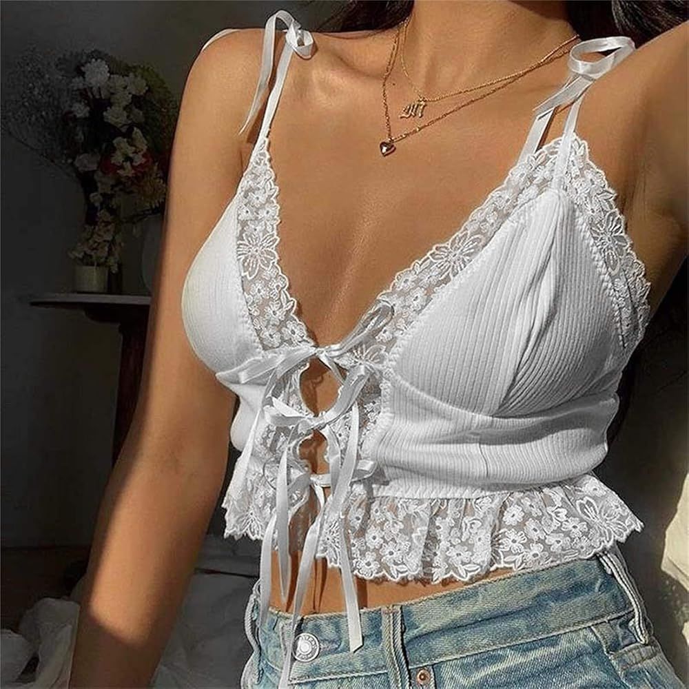 Womens Tops Tshirts Chest Tie Hollow Lace Stitching Exposed Umbilical Inner Strap Vest Top Camisole  | Amazon (US)