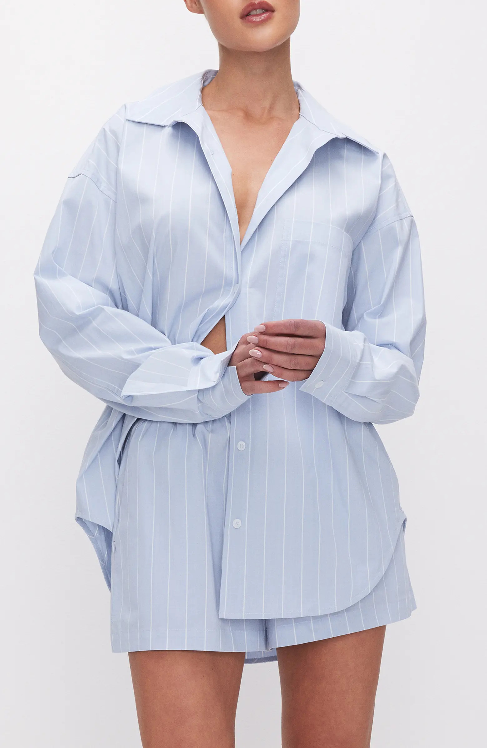 Good American Oversize Stripe Stretch Cotton Poplin Button-Up Shirt | Nordstrom | Nordstrom