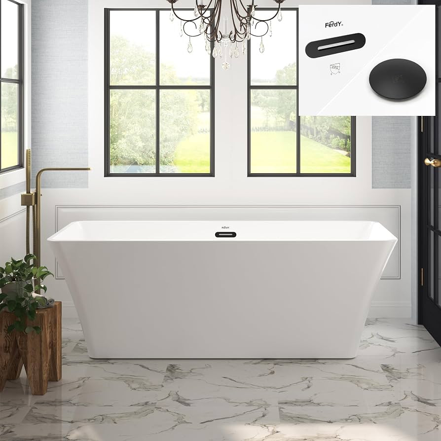 FerdY Sentosa 67" Acrylic Freestanding Bathtub, Contemporary Design Soaking Tub with Matte Black Drain and Minimalist Linear Design Overflow, Easy to Install | Amazon (US)