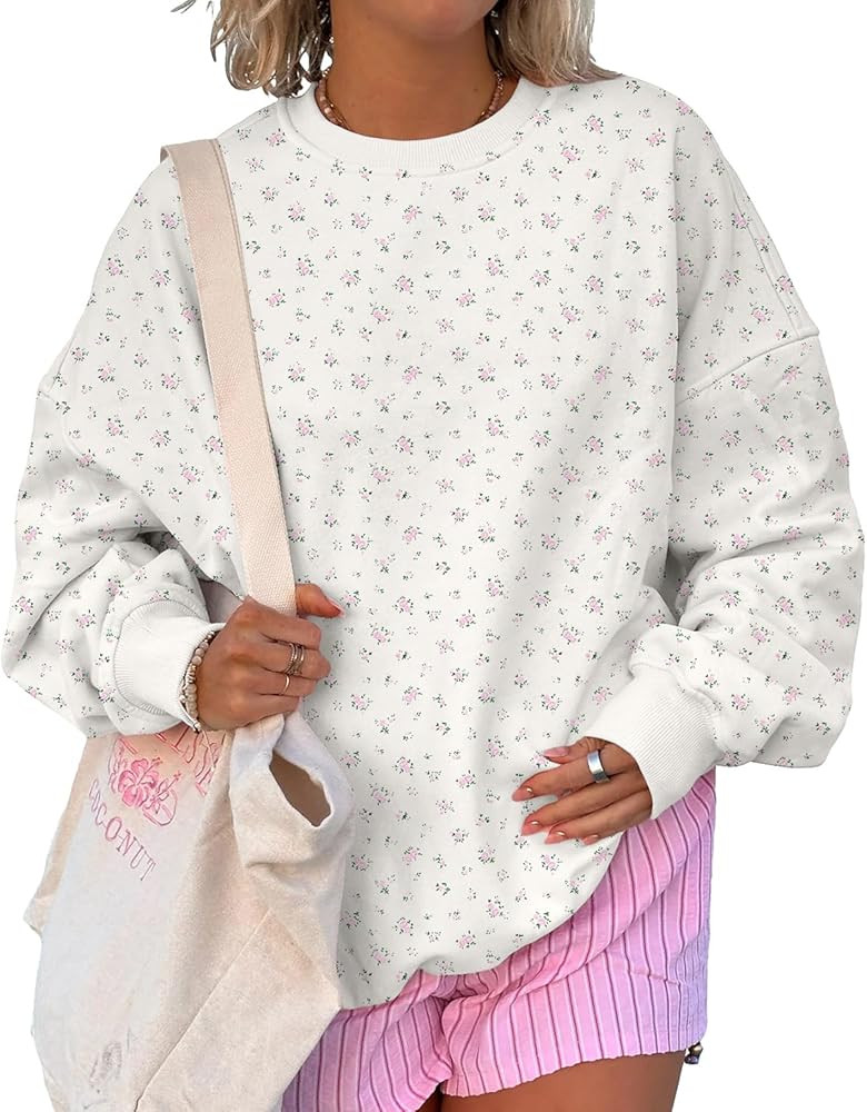 Cioatin Women Oversized Ditsy Floral Crewneck Sweatshirt Lightweight Fleece Drop Shoulder Pullove... | Amazon (US)