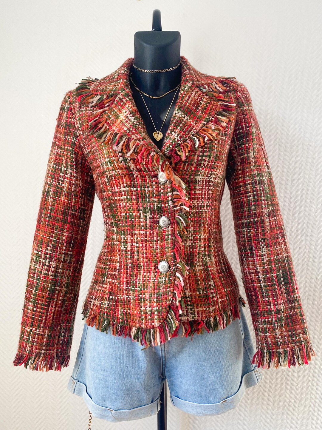 Vintage Tweed Fringe Jacket for Women – Multicolor Fitted Blazer With Frayed Edges, 90s Babylon... | Etsy (US)