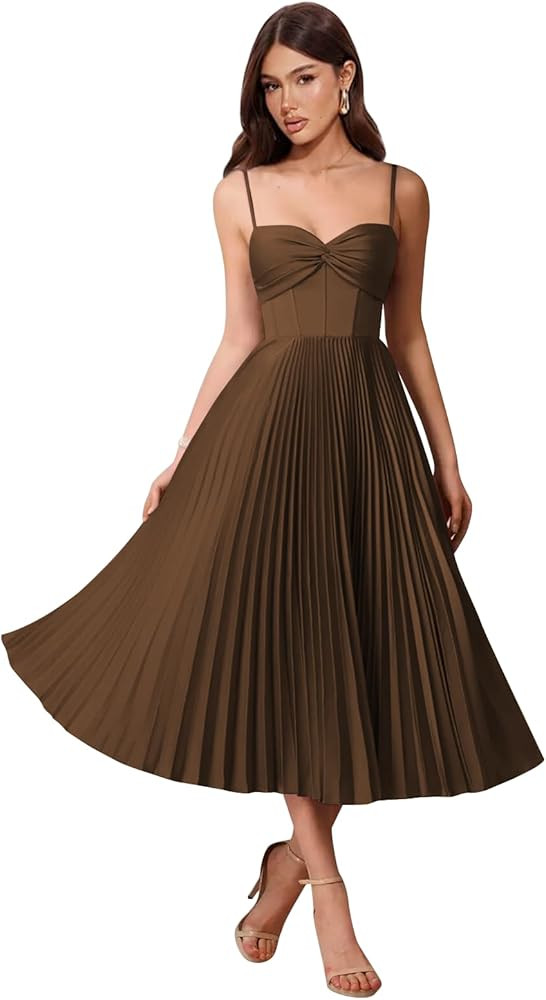 Satin Pleated Bridesmaid Dresses for Women Spaghetti Straps Sweetheart Corset Tea Length Prom Dress 2026 | Amazon (US)