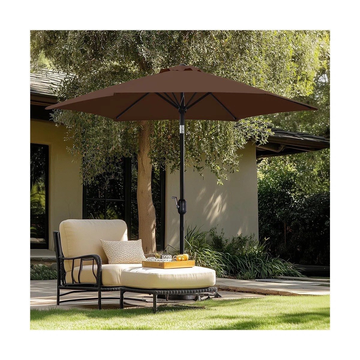 Upgrade your outdoor space with this 9FT patio umbrella from Wayfair. Designed with a push-button tilt and easy crank system, it provides the perfect amount of shade for lounging or entertaining outside. The classic design pairs effortlessly with any patio setup. Currently on sale, making it a great time to refresh your backyard. 