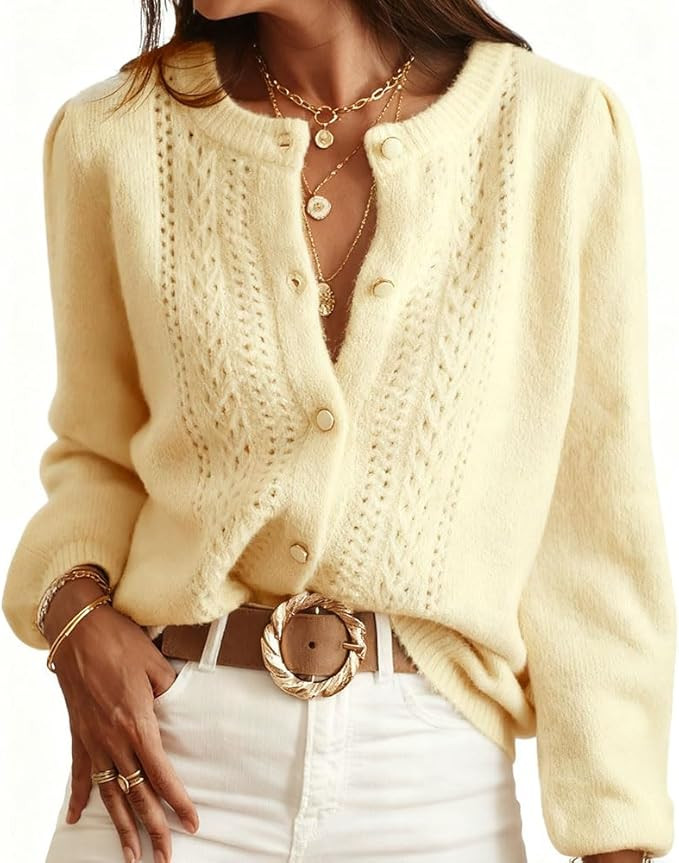 Cardigan Sweaters Women's Chunky Knit Sweater Long Sleeve Round Neck Button Pullover Women Tops F... | Amazon (US)