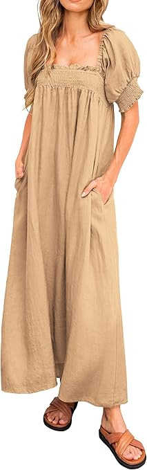 KIRUNDO 2023 Women's Summer Puff Sleeve Square Neck Loose Maxi Dress Pocketed Babydoll Maternity ... | Amazon (US)
