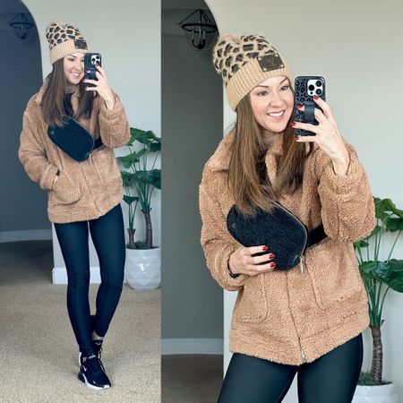 Winter outfit idea / cozy outfit // sherpa jacket dark brown s // fleece lined leggings xs // long sleeve workout lounge tee xs // sports bra xs // shoes go up a 1/2 size // I linked a my exact & similar sherpa belt bag and beanie. 
Message me for exact hat and discount code

#LTKunder50 #LTKstyletip #LTKSeasonal