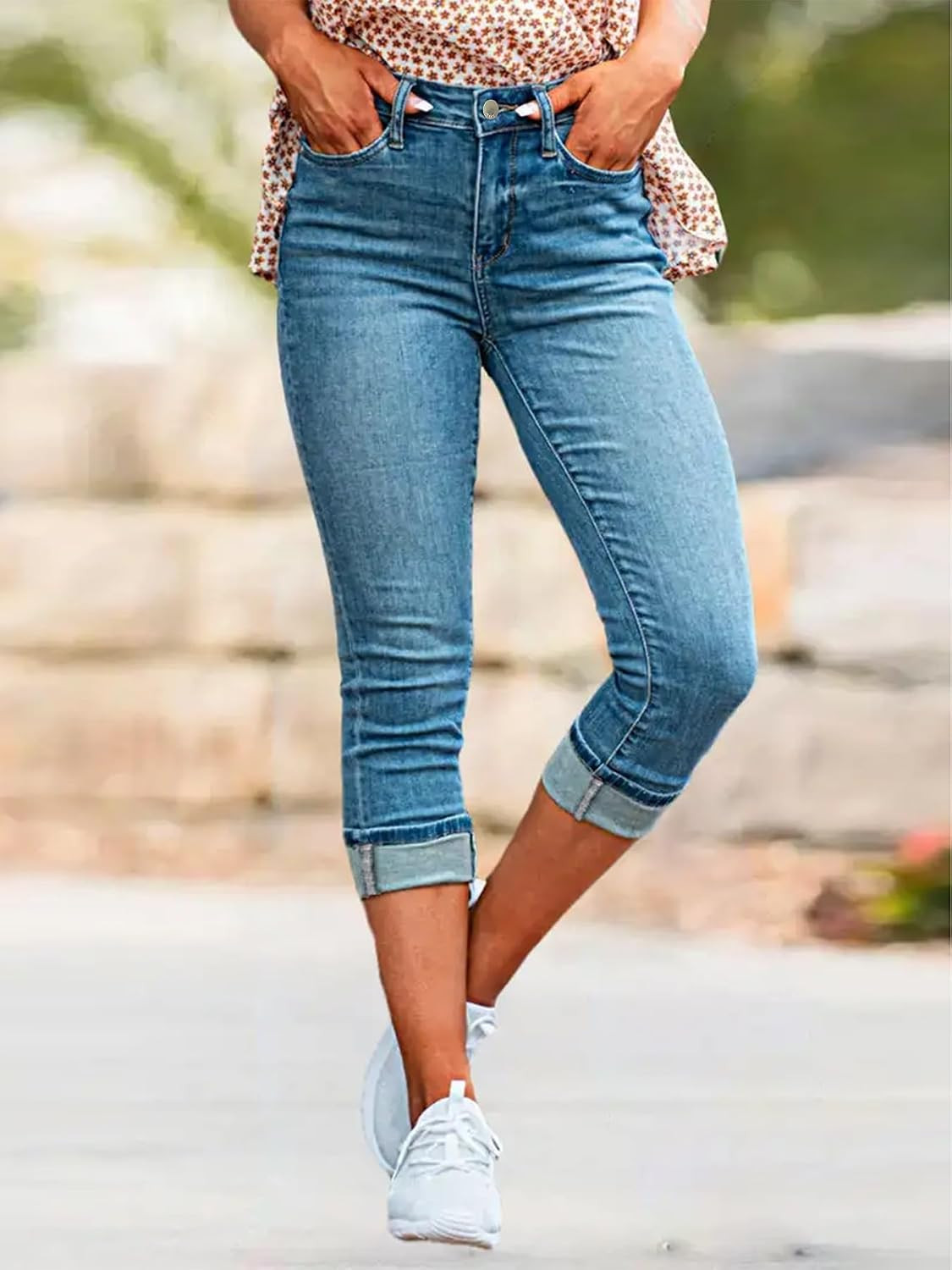 Women's High Waisted Stretchy Jeans, Slim Fit Cuffed Hem Skinny Cropped Denim Pants with Pockets for Casual Daily | Amazon (US)