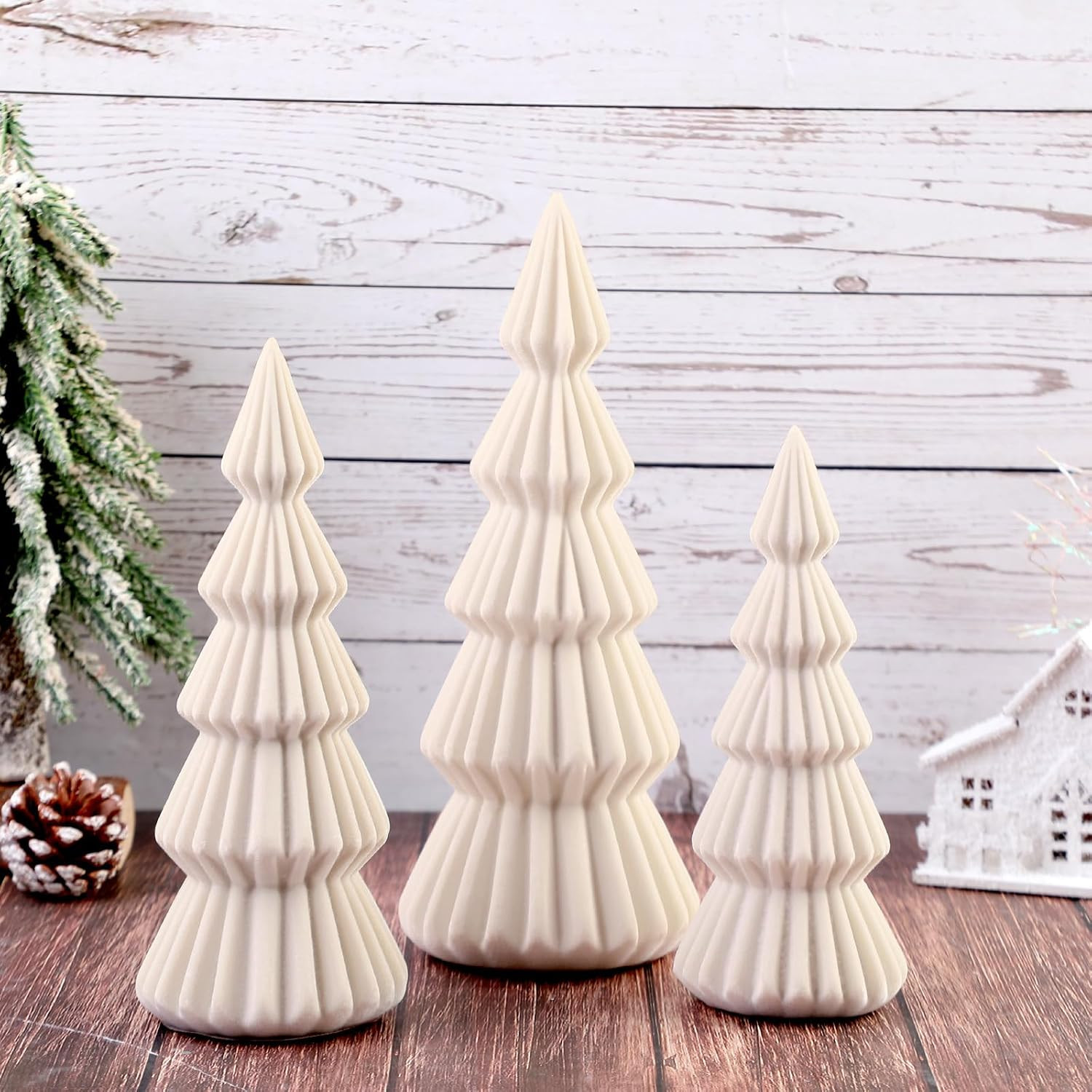 Set of 3 Velvet Ceramic Christmas Tree Decor, Cream White | Amazon (US)