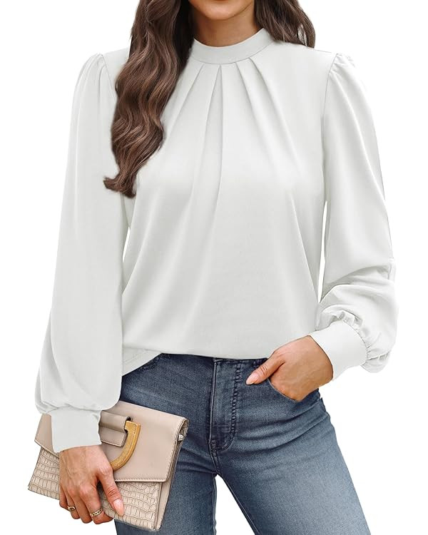 WIHOLL Long Sleeve Shirts for Women Mock Neck Tops Pleated Front Blouses Dressy Casual Fall Cloth... | Amazon (US)