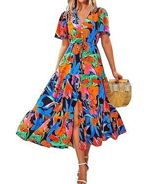 Zenlonr Women Summer Dresses 2024 Casual Short Sleeve V Neck Split Maxi Dress Button Drawstring B... | Amazon (US)