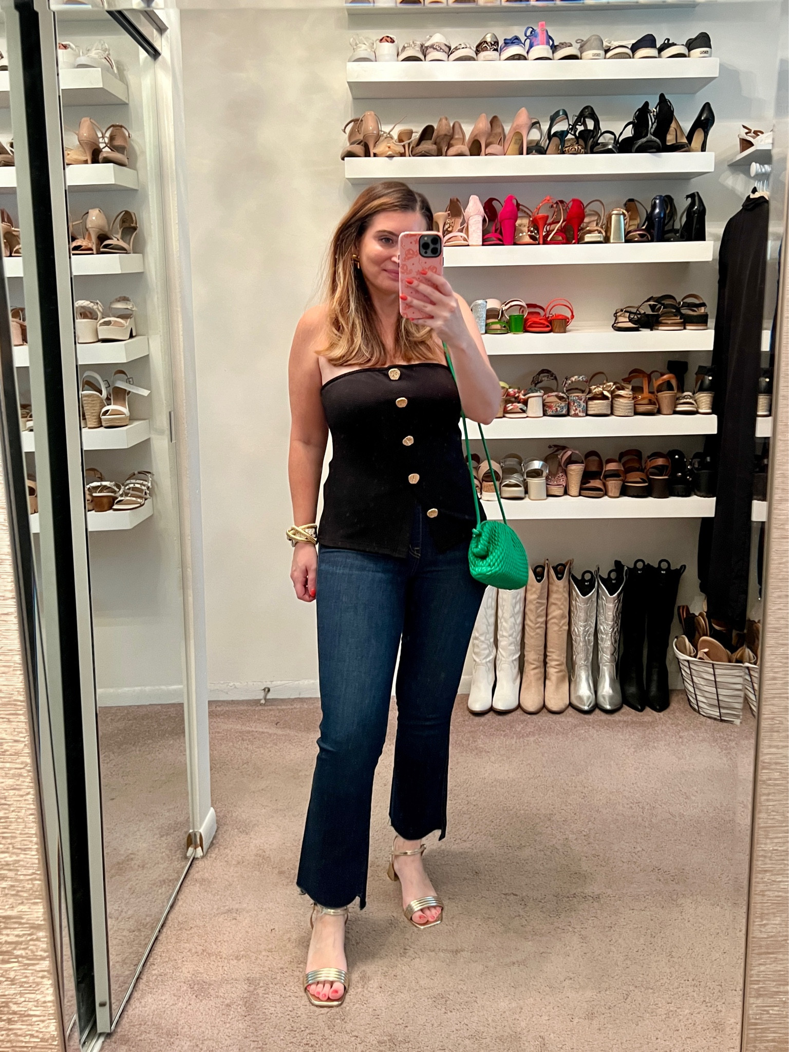 Amazon button front strapless top, going out top, green handbag, gold earrings, gold heels, date night outfit, casual summer outfit 

#LTKFindsUnder50 #LTKShoeCrush #LTKStyleTip