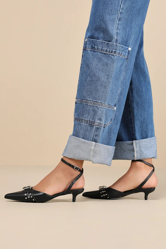 Rochaa Black Pointed-Toe Studded Buckle Ankle Strap Pumps | Lulus