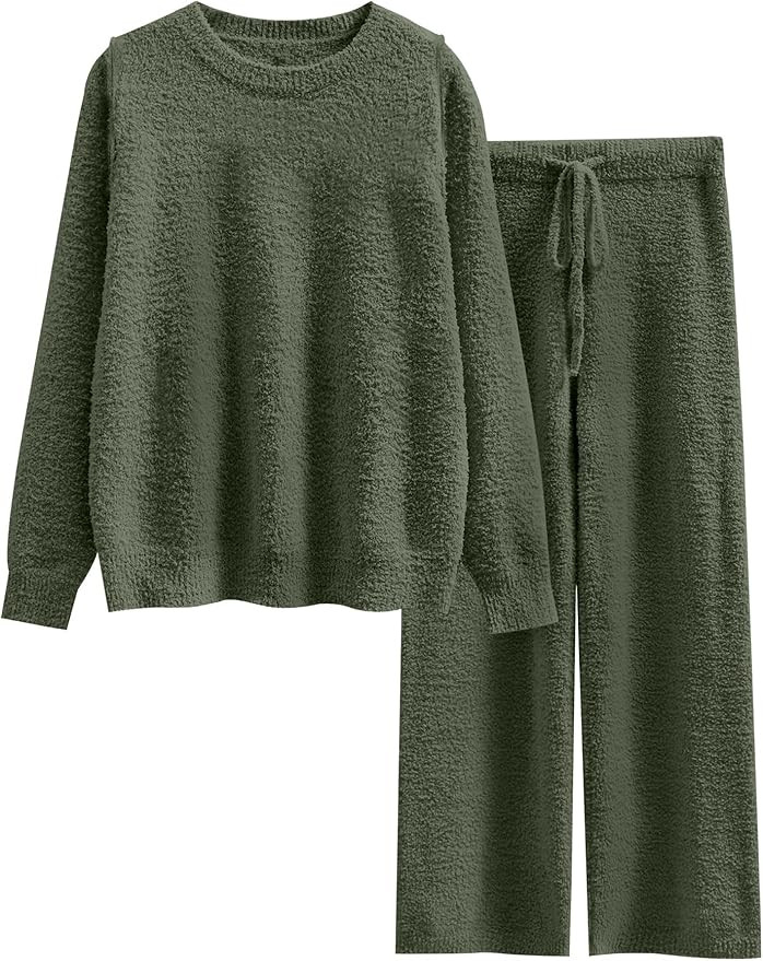 ANRABESS Women's Fuzzy Fleece Pajama Sets 2 Piece Outfits Long Sleeve Top Wide Leg Pants Lounge M... | Amazon (US)