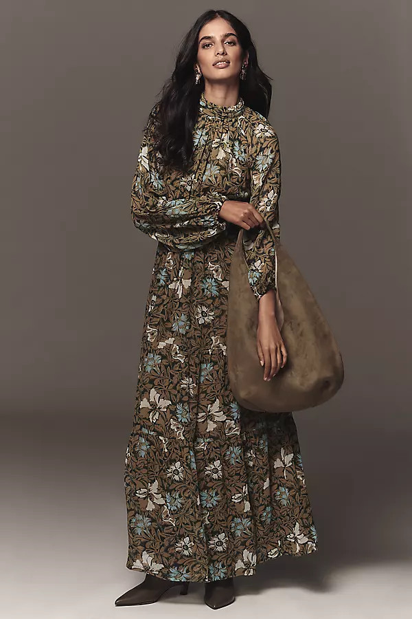 The Somerset Long-Sleeve Mock-Neck Chiffon Maxi Dress | Anthropologie (US)