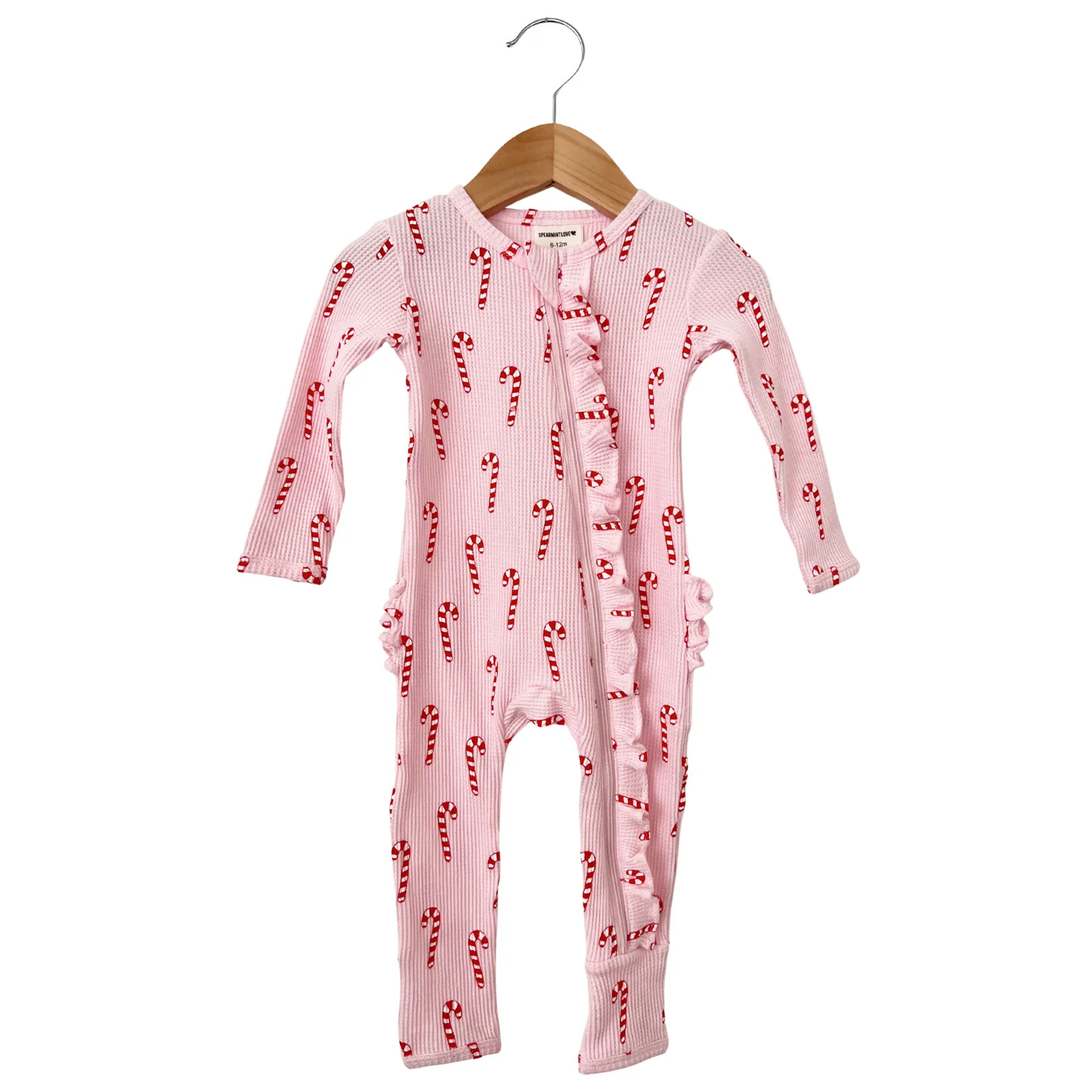 Organic Waffle Ruffle Zip Romper, Pink Candy Cane | SpearmintLOVE