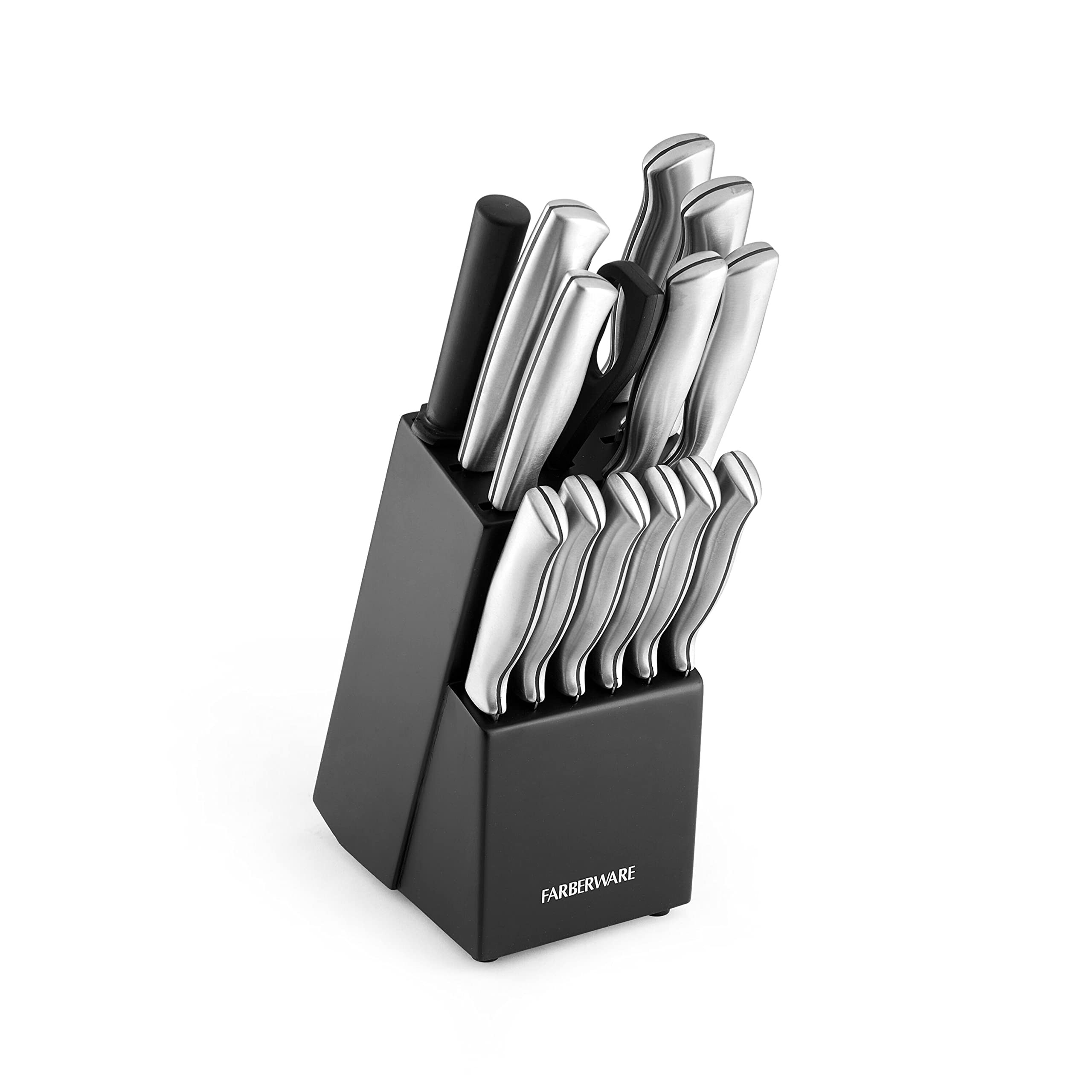 FARBERWARE 15-Piece Kitchen Knife Set with High-Carbon Stainless Steel Blades, Black Handles, Steak Knives, Wood Block, Razor Sharp and Ergonomic | Amazon (US)