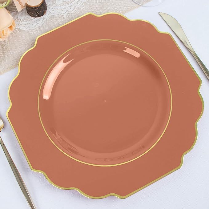 Efavormart 10 Pack | 11" Terracotta Hard Plastic Baroque Dinner Plates With Gold Rim, Heavy Duty ... | Amazon (US)