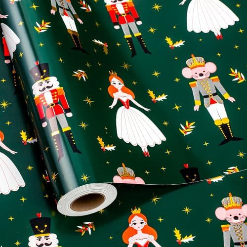 Flyhill Reversible Christmas Wrapping Paper Roll-17 Inch X 33 Feet - Metallic Foil Shiny Green Nu... | Amazon (US)