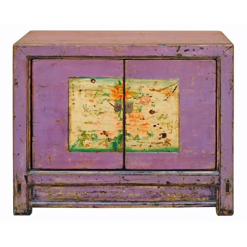 Chinese Distressed Purple Flower Graphic Table Cabinet cs2026C | Chairish
