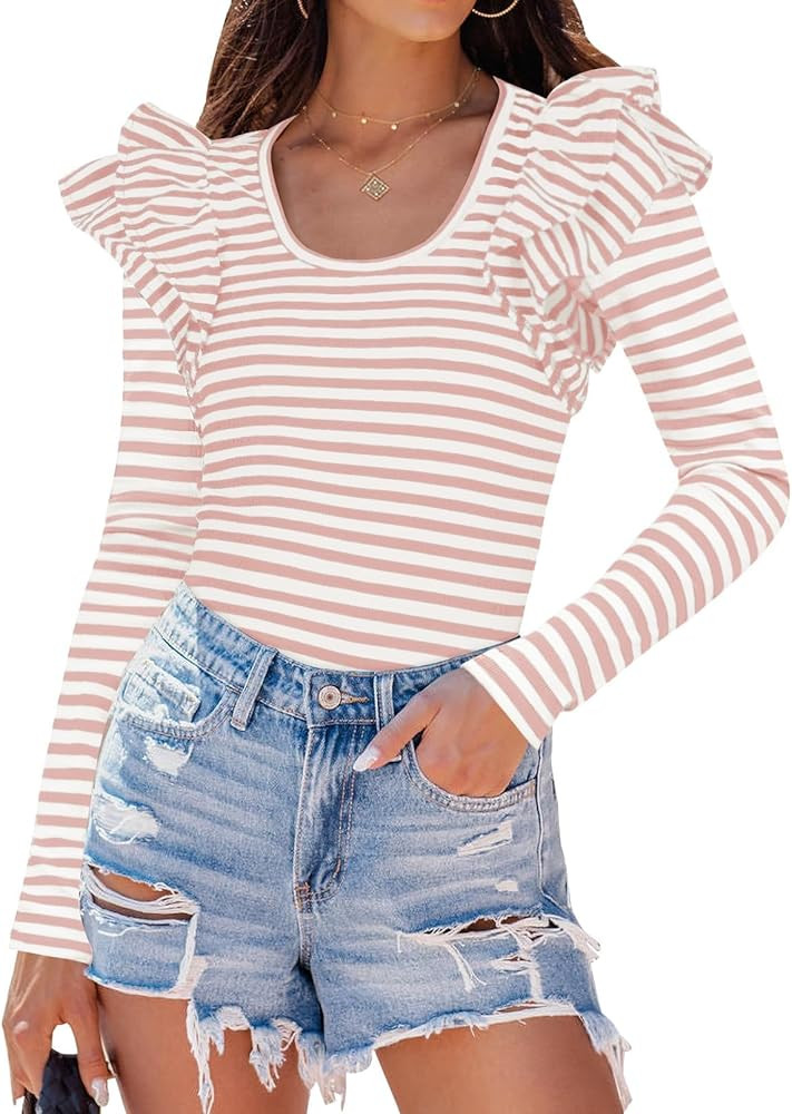 ZESICA Womens Ruffle Long Sleeve Scoop Neck Shirt Striped Slim Fitted Casual Basic Tee Tops 2024 ... | Amazon (US)